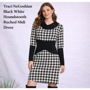 Traci NeGoshian Black White Houndstooth Ruched‎ Mini Dress Size L